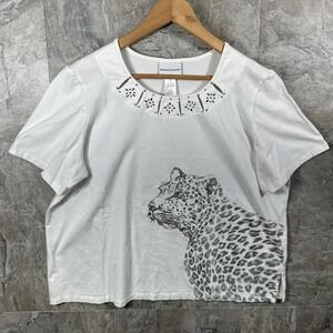 Alfred Dunner White leopard print top with rhinestone collar Woman's Size XL